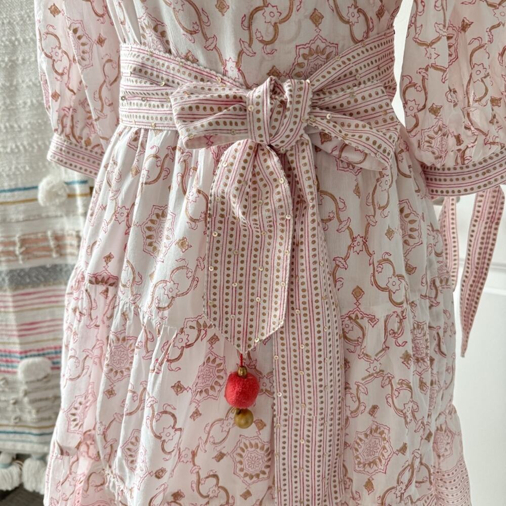 Bell by Alicia Bell Lucy Pink Gold Motif White Puff Sleeves Wrap Mini Dress XS - Picture 7 of 16